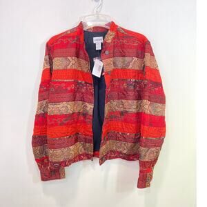 NWT Red Chicos Embroidered Sequin Tapestry Button Up Jacket size 1 Med